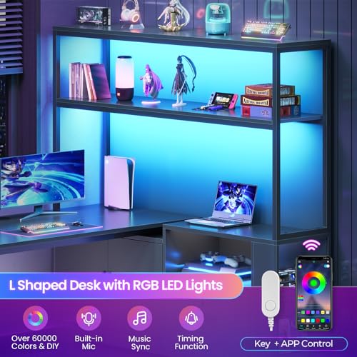 SEDETA 56.7" L Shaped Standing Desk, Reversible Computer Office Desk with Drawers & Hutch, Stand Up Corner Gaming Desks with LED Lights & Power Outlets for Home Office, Black SEDETA