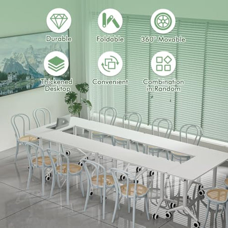 OOFAYBILL 4 Pack 55" Foldable Conference Table with Wheels & Flip Top - Commercial Mobile Meeting Table for Office Training Seminar, Space-Saving Design, Easy Folding Classroom Table OOFAYBILL