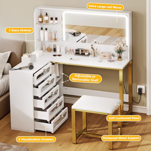 YITAHOME Vanity Desk Set- L Makeup Vanity with Mirror and Lights 3 Lighting Modes, 48" Large Makeup Table with 5 Tempered Glass Drawers with Open Storage Shelves Vanity Table, White YITAHOME