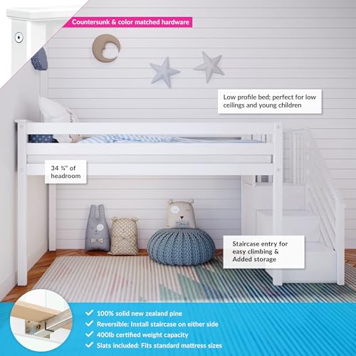 Max & Lily Low Loft Bed, Twin Bed Frame For Kids With Stairs, White Max & Lily