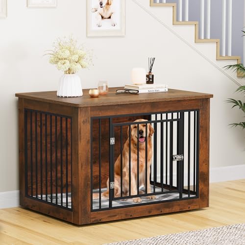 YITAHOME Dog Crate Furniture for Large Dogs, Side End Table, Modern Dogs Kennel Indoor up to 80 lb, 2-in-1 Iron-Wood Fusion Dog Cage with Waterproof Top, Safety Corners, Steel Lock,43" L,Rust - WoodArtSupply