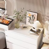 MIIFUNY Corner Makeup Vanity Desk with Mirror and Lights, 58" Modern L-Shaped Vanity Table with Glass Top, Large Dressing Table with 2 Drawers & 3 Tier Dresser for Bedroom, White MIIFUNY