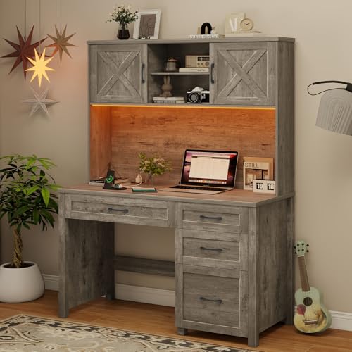 Farmhouse 67" H Executive Desk with Hutch,Office Desk with 4 Drawers and LED light, Wood Workstation for Home Office and Study, Computer Desk with Storage Cabinet,File Drawers, Charging Station.Gray Halitaa