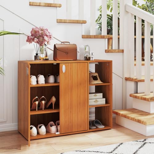 Giantex Wood Shoe Cabinet with Doors, Freestanding Shoe Rack Cabinet with 3-Level Adjustable Open Shelves, Modern Wooden Shoe Storage Cabinet for Entryway, Hallway, Closet, Living Room (Natural) Giantex