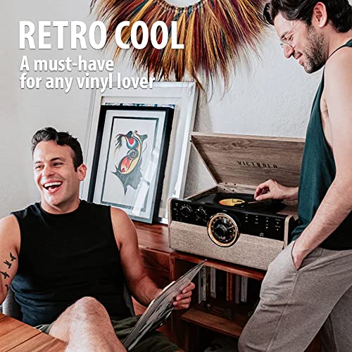 Victrola Empire Mid-Century 6-in-1 Turntable with 3 Speed Record Player, Bluetooth Connectivity, Radio, Cassette and CD Player (Farmhouse Walnut) Victrola