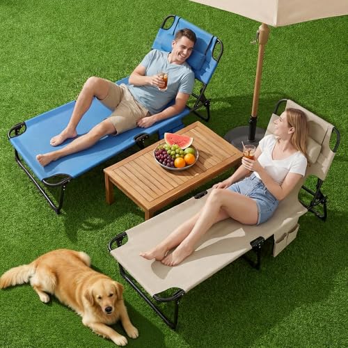 Ahsuname 3-in-1 Sun Tanning Chair with Face Holes, Folding Chaise Lounge Chairs, 5-Position Adjustable Lounge Chair Outdoor with 2 Side Pocket & Pillow, for Pool Beach, Patio, Camping, Beige