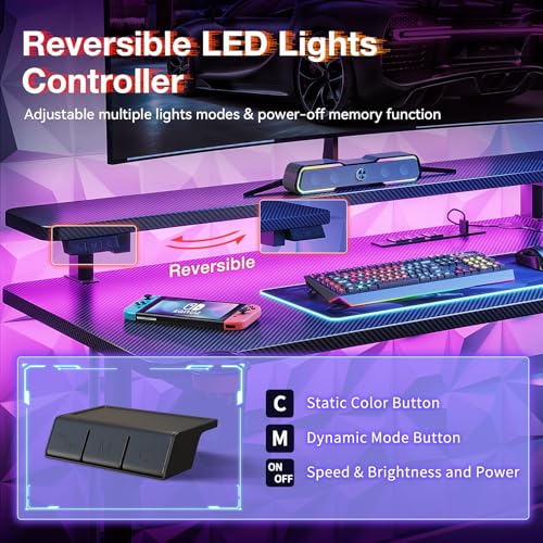 MOTPK Small Gaming Desk with LED Lights & Power Outlets, 31 Inch Computer Desk Gaming Table with Monitor Shelf, Gamer Desk with Carbon Fiber Texture, Kids Boys Desk Gift for Men MOTPK