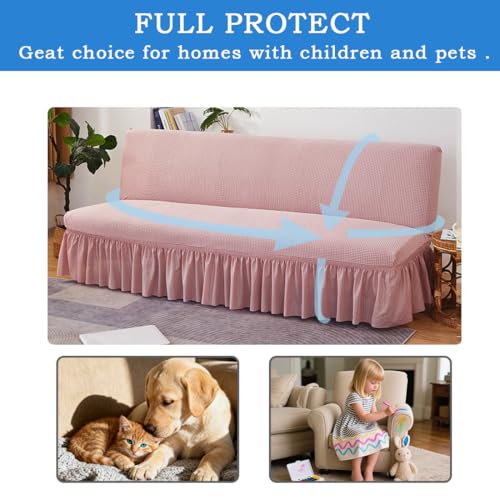 Daunkang Futon Cover Slipcover Removable Armless Sofa Bed Slipcovers Full Size with Skirt Ruffled Knitted Futon Sofa Cover Furniture Bed Protector with Elastic Bottom M Pink Daunkang
