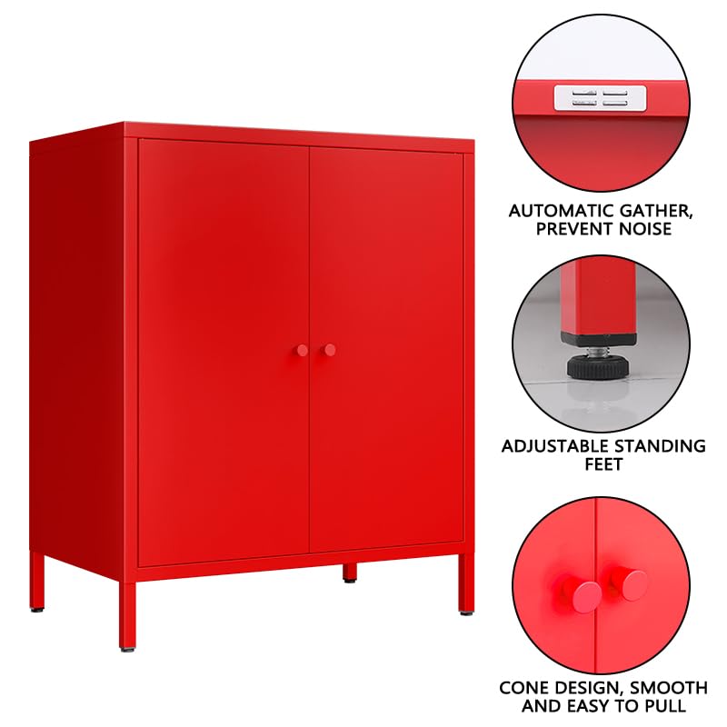 ZHISLUCK 2 Door Metal Accent Storage Cabinet-Locker Cabinet for Bedroom, Bedside, Office Room,LivingRoom-Metal Storage Cabinet with 1 Adjustable Shelves (red) ZHISLUCK