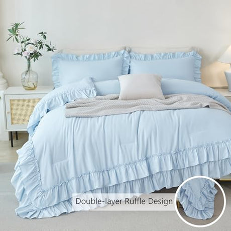 ANGIYUIN 5Pcs Queen Ruffle Comforter Sets Light Blue Double-Layer Ruffled Bedding Sets Vintage Farmhouse Bed Sets Solid Elegance Ruched Bed in A Bag for Women(Light Blue Queen) ANGIYUIN