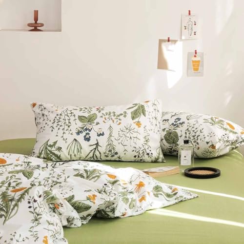 ETDIFFE Green Floral Queen Size Comforter Set, 3pc Flower Printed Soft Bedding Set, All Season Lightweight Botanical Pattern Bed Comforter, White ETDIFFE