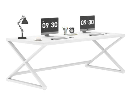 LVB 70.8" Long Desk, Modern Large White Computer Desk for Home Office Work, Wood Metal Computer Table for Writing Study in Bedroom, Simple Gaming Desk for 2 Monitor Workstation, White Oak, 70 - WoodArtSupply