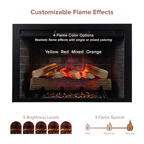 Modern Ember Uptown 36" Smart Electric Fireplace Insert with Remote Control, Alexa/WiFi Enabled - 1,000 Sq Ft Electric Heater with Realistic Flames and Log Set Modern Ember