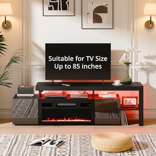 Cozy Castle 73.2 Inch Fireplace TV Stand with Storage,30" Electric Fireplace,LED Entertainment Center Tv Console for 65 70 80"Tv,High Gloss Modern Tv Stand with Charging Station for Living Room,Black Cozy Castle
