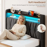 Rolanstar Twin Bed Frame with Drawer, Storage Headboard with Charging Station and LED Lights, Upholstered Bed with Heavy Duty Wood Slats, No Box Spring Needed, Noise Free, Easy Assembly, Dark Grey Rolanstar