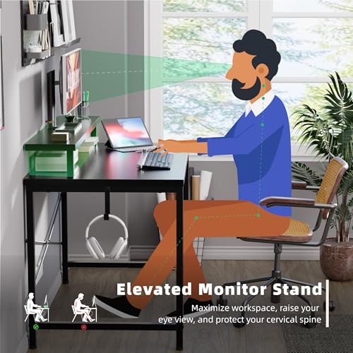 Pamray 32 Inch Small Computer Desk with Monitor Stand, Simple Office Desk with Headphone Hook for Small Spaces, Kids Study Writing Table for Bedroom, Black Pamray