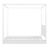 Queen Size Canopy Bed with LED Light, Solid Wood Canopy Platform Bed with Support Slats, Mattress Foundation Bed Platform, No Box Spring Needed, White RuiSiSi