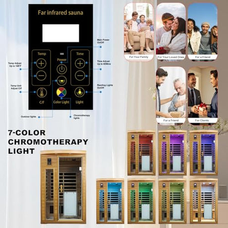 2 Person Low EMF Infrared Sauna for Home, Red Cedar Wood Far Infrared Saunas, 1750watt Indoor Personal Sauna Room with Door Heating Panels, Blue-tooth, 7-Color Chromotherapy Lights, 2 Outdoor Lamps Kanlanth