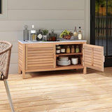 Goplus Patio Storage Cabinet, 2-Door Acacia Wood Console Table with Faux Marble Top, Outdoor Wooden Sideboard for Deck, Garden, Backyard & Entryway Goplus