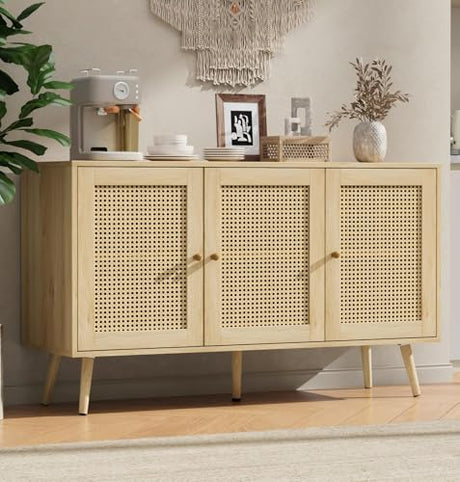 IDEALHOUSE 47.2" Rattan Sideboard Buffet Cabinet with 3 Doors, Boho Storage Cabinet with Adjustable Shelves, Console Table for Living Room, Dining Room, Entryway, Coffee Bar IDEALHOUSE