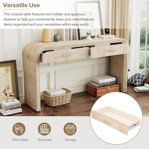 VilroCaz Unique Retro Curved Console Table with 2 Top Drawers, Versatile 59'' Long Accent Entryway Table Sofa Table for Entrance, Dinning Room, Living Room (Natural-C5) VilroCaz
