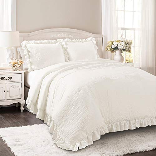 Lush Decor Reyna Ruffle Comforter Set - 3 Piece Cozy Ruffled Bedding Set - Timeless Elegance and Comfort for Dorm Room - Full/ Queen, White Lush Decor