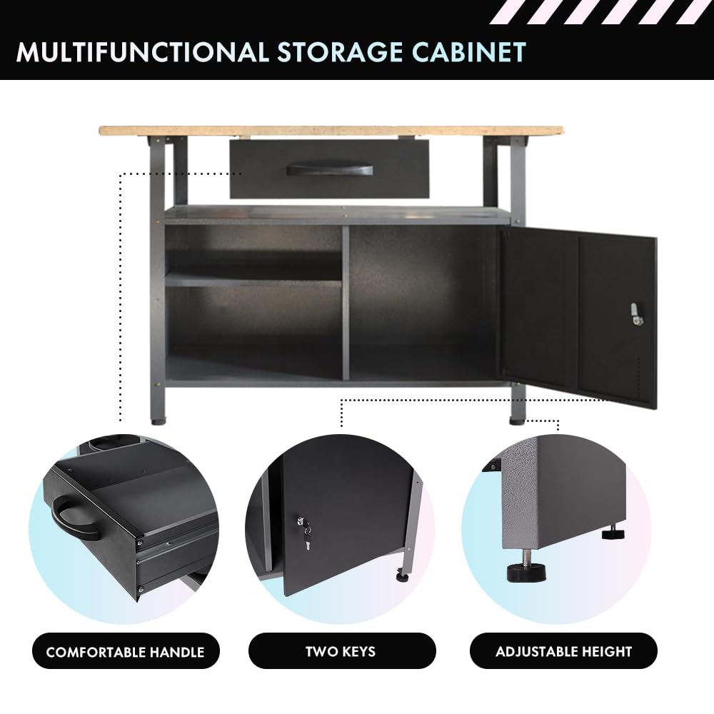 Wood Top Workbench Set System, Included Pegboard Wall Cabinets Wood Table Top, for Garage Basement JZD