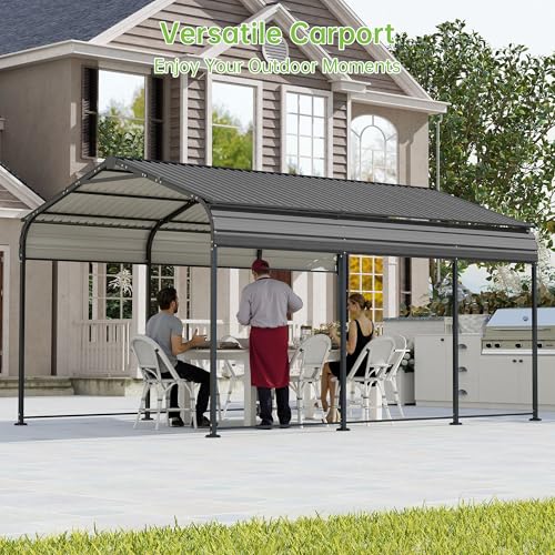 10x15FT Metal Carport, Heavy Duty Frame with Updated Galvanized Steel Roof, Enhanced Base, Outdoor Garage Car Storage Shelter for Cars, Boats, Tools, Party Real Relax