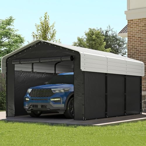Real Relax 10×15FT Heavy Duty Carport with Removable Sidewalls, Metal Car Port Multi-Use Outdoor Storage Trucks, Cars, Boats, Galvanized Metal Roof, Cream White Real Relax