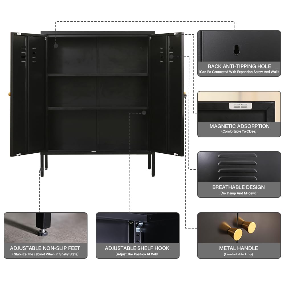 SunLinkSan Metal Accent Cabinet,Sideboard Buffet Cabinet for Living Room,Bed Room,Home,Hotel,Office,Garage,School,Kitchen,3-Tier Locker Storage Cabinet,2 Removable Shelves. (Metal Door, Black) SunLinkSan