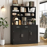 Tall Pantry Cabinet, Modern Kitchen Hutch with Microwave Stand, Kitchen Pantry Storage Cabinet with 2 Darwers & Door Shelf, Food Pantry with Goblet Holders & Adjustable Shelves for Dining Room, Black Gyfimoie