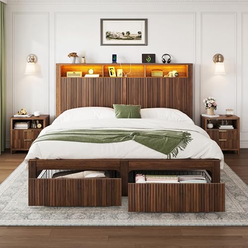 CypBed Queen Size Bed Frame with Headboard and Storage Drawers, Queen Bed Frame with LED Light and Charging Port, Farmhouse Wavy Wood Design, Wood & Metal Platform, Noise-Free, No Box Spring Needed CypBed
