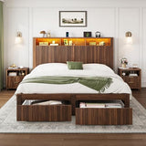 CypBed Queen Size Bed Frame with Headboard and Storage Drawers, Queen Bed Frame with LED Light and Charging Port, Farmhouse Wavy Wood Design, Wood & Metal Platform, Noise-Free, No Box Spring Needed CypBed