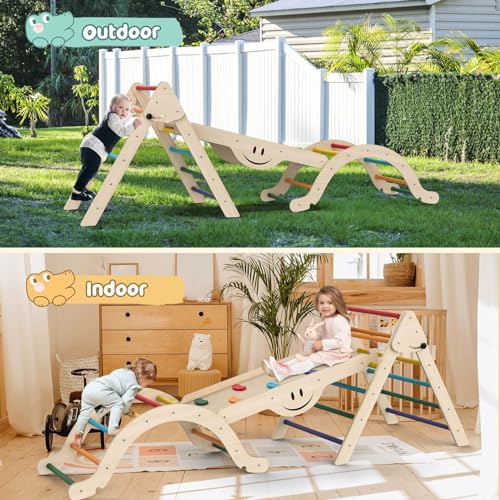 BIERUM 8 in 1 Montessori Pikler Triangle Set with Soft Cushion, Foldable Toddler Climbing Toys with Ramp for Sliding or Climbing, Wooden Jungle Gym, Indoor Playground for Toddlers and Kids, Rainbow BIERUM