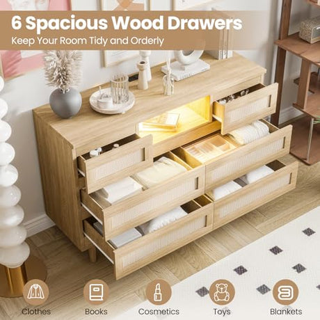 GarveeHome Natural Rattan Dresser for Bedroom with LED Light and Charging Station, 6 Drawer Double Dressers, Modern Wooden Dresser Chest, Beside Table for Closet, Nursery, Living Room, Natural GarveeHome