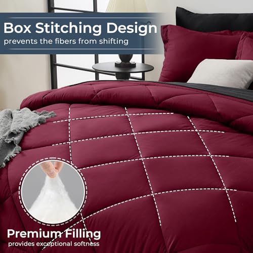 HEVUMYI Red & Black Queen Comforter Set - 7-Piece All Season Burgundy Bed in a Bag Queen, Ultra Soft Bedding Set with Comforter, Flat Sheet, Fitted Sheet, Pillowcases, Pillow Shams, Burgundy HEVUMYI