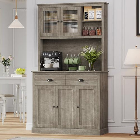 GarveeHome Pantry Cabinet with Drawers and Adjustable Shelves, 71" Tall Freestanding Kitchen Cabinet with Microwave Stand, Kitchen Hutch for Dining Room, Rustic Grey GarveeHome