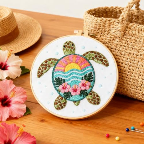 BEUNITONE 4 Sets Sea Turtle Embroidery Kits for Beginners DIY Craft Kits for Adults with Printed Patterns, Hoops and Instructions, Hibiscus Flower Needlepoint Kits for Clothing and Home Decor BEUNITONE