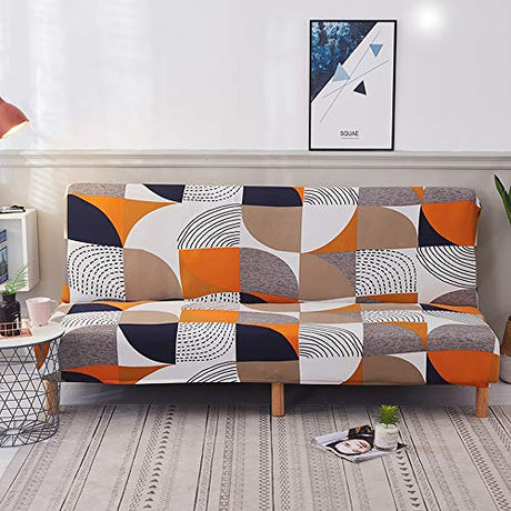 MIFXIN Stretch Futon Cover Armless Sofa Slipcover Elastic Spandex Folding Sofa Bed Couch Cover Printed Washable Furniture Protector for Sofa Without Armrest (Orange Geometry) MIFXIN
