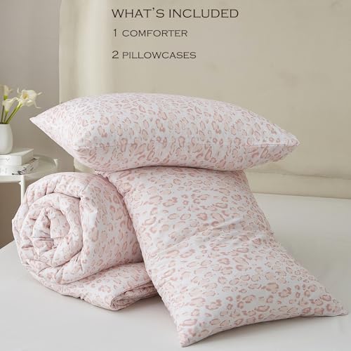 MKXI Luxury Comforter Set Leopard Print King Size Comforter Set Animal Cheetah Pattern Pink White Floral Bed Comforter Cute Leopard Aesthetic Comforter Bedding Set for All Season MKXI