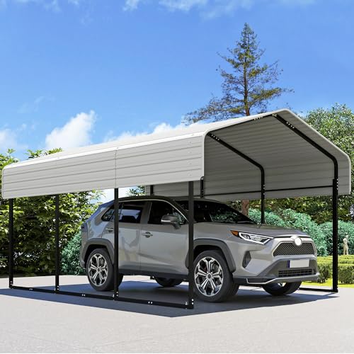 Real Relax 10×15FT Heavy Duty Carport, Metal Car Port Multi-Use Outdoor Storage Cars, Boats, Trucks, Galvanized Metal Roof, Cream White Real Relax