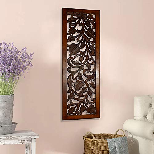 Benjara Mango Wood Wall Panel Hand Crafted with Leaves and Scroll Work Motif, Brown, Rectangle Benzara