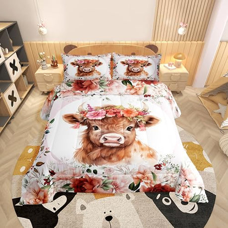 Feelyou Cute Highland Cow Comforter Set Twin Size Kids Cartoon Animal Comforter for Boys Girls Teens Flower Floral Print Bedding Set Farm Zoo Garden Theme Duvet Set Room Decor Feelyou