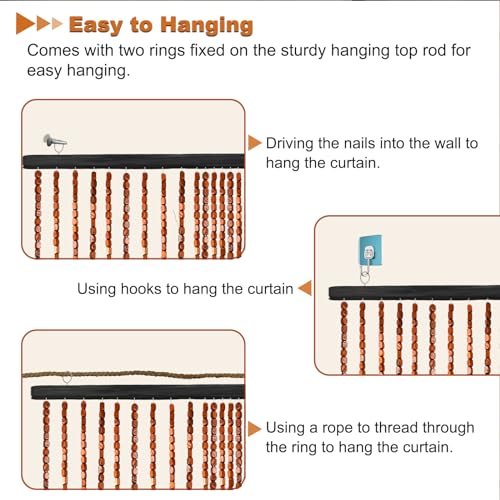 DouSeiAi Natural Wood and Bamboo Beaded Curtain Room Divider, 32 Strands Hanging Doorway Decor for Bedroom, Porch, Living Room, 35 x 69 Inches DouSeiAi