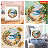 Zhenqing Beach Landscape Embroidery Kit, Seaside Floral Craft Set with 20cm Hoop, Printed Design on 29x29cm Cotton Fabric, DIY Coastal Wall Art (JC0027)
