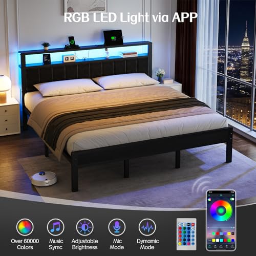 OLEVS King Bed Frame with Charging Station & LED Lights, Modern Platform Bed with Upholstered Storage Headboard, No Box Spring Needed Noise Free OLEVS