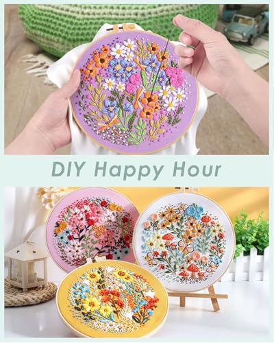 ERKOON 4 Sets Embroidery Kit for Beginners,Hummingbird and Flower Cross Stitch Set for Include Embroidery Cloth Hoops Threads for Craft Lover Hand Stitch (Flower) ERKOON