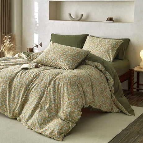 Wake In Cloud - Floral Comforter Set, Cute Vintage Flower Cottagecore Aesthetic for Women Teen Girls, Soft Lightweight Dorm Bedding, 3 Pieces, Olive Green, Twin/Twin XL Size Wake In Cloud