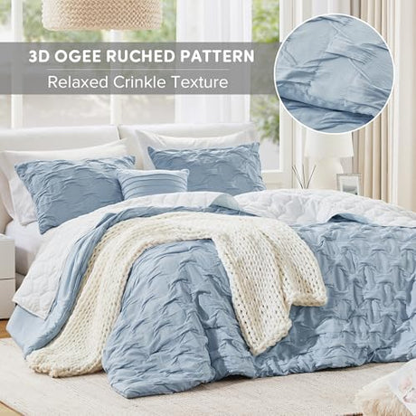 Comfort Spaces Comforter for King Size Bed, Ogee Ruched with Crinkle Texture, Breathable Comforter Set King, All Season Lightweight Bedding Set, Shams, Décor Pilow, King/Cal King Blue 4 Piece Comfort Spaces