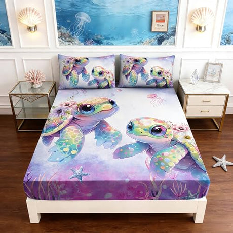 UEVBF Kids Twin Fitted Sheet Set Sea Turtle Bedding Set,Waterweed Jellyfish Starfish Pattern Bedding Fitted Sheet Set for Kids Girls Boys Room Decor,1 Fitted Sheet+2 Pillowcases. UEVBF